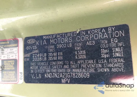 2016 Kia Soul z USA, uszkodzony, nr VIN KNDJN2A21G7828609